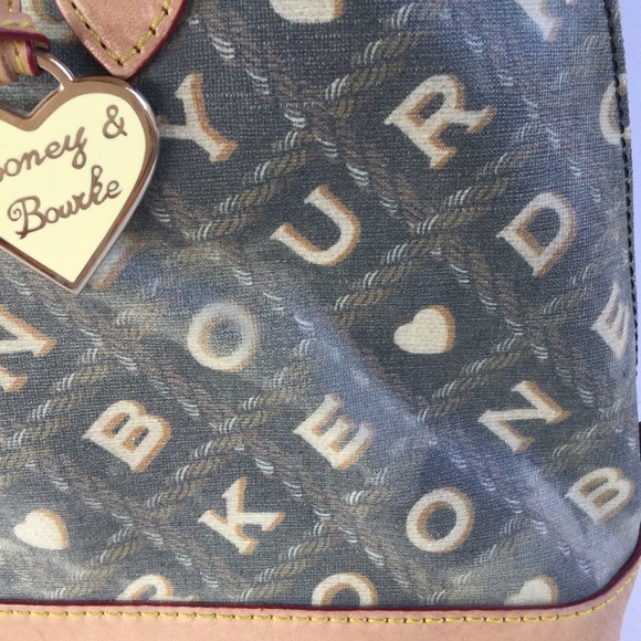 Dooney & Bourke Dome Shoulder Satchel Leather Handbag Crossword Tan Gray Gold - Picture 16 of 16